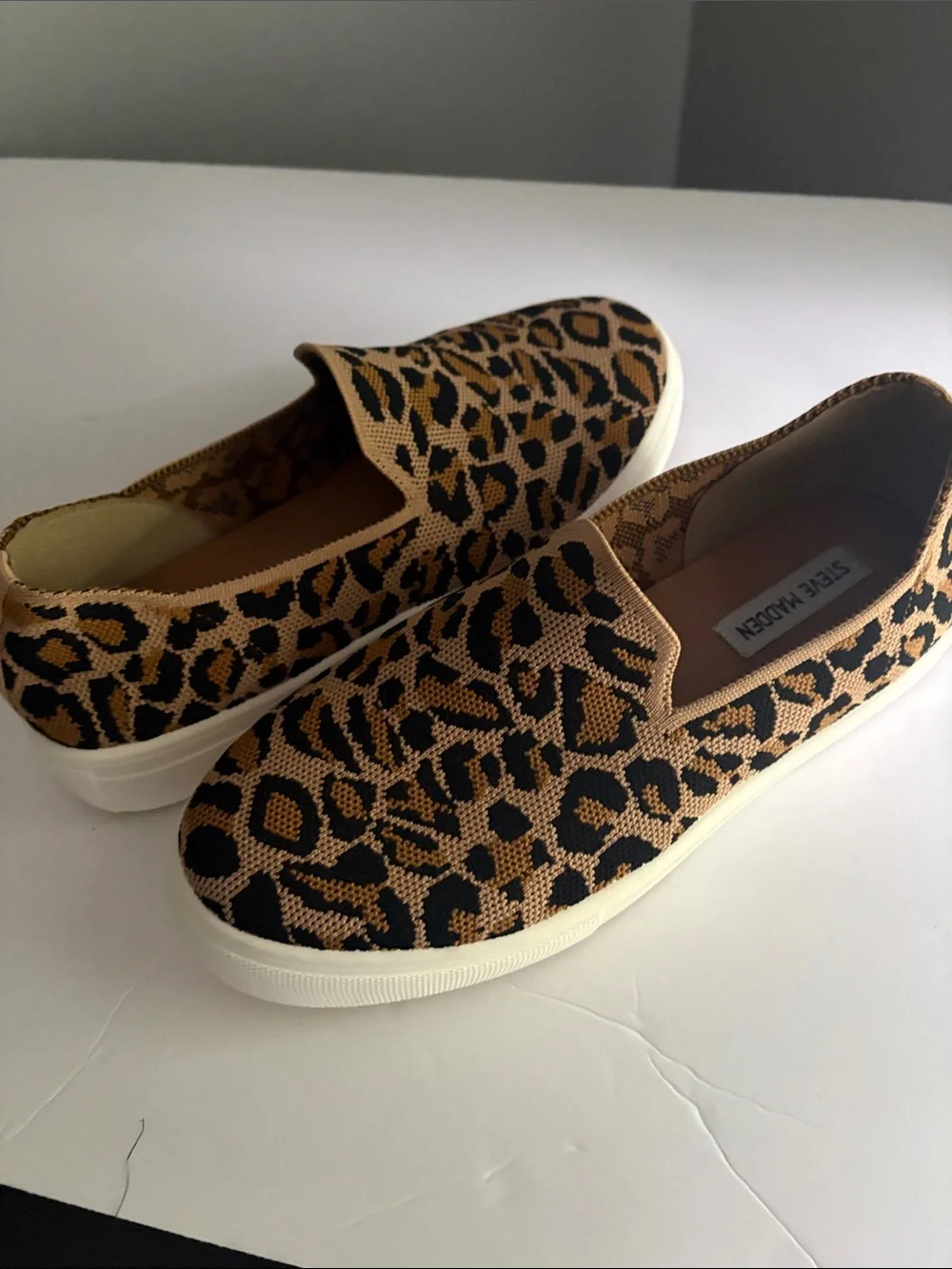 Steve Madden Leopard Knit Slip-On Sneakers in Tan and Black